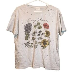Urban‎ Nation Womens Honey Flowers Distressed Short Sleeve T-shirt Beige XL